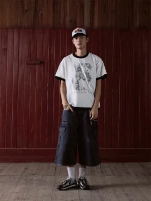 【In Existance】25SS「三法則」黑白拼色做舊印花上衣