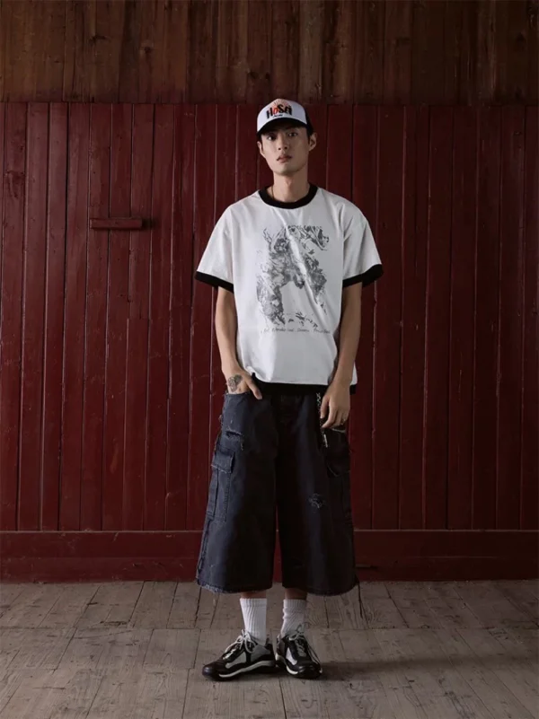 pants2 【In Existance】25SS「三法則」黑白拼色做舊印花上衣